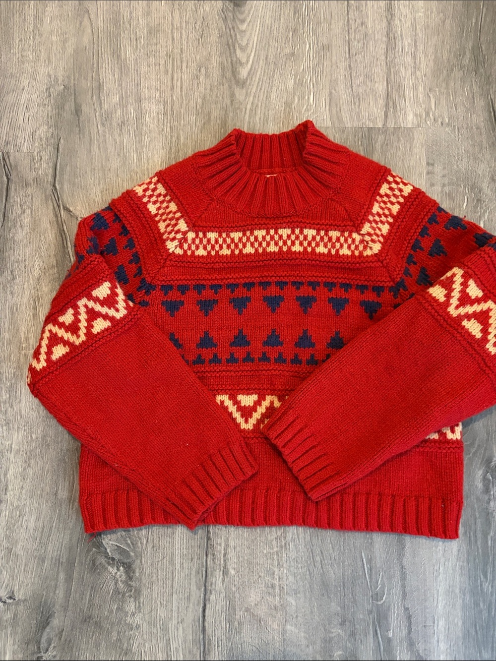 Universal Thread Red Patterned Turtleneck Sweater with Navy & Cream Accents